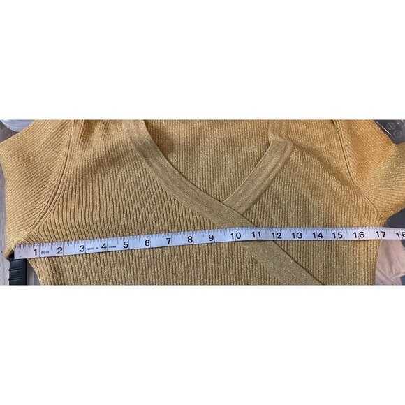 Cable and Gauge Gold Metallic V Neck Faux Wrap Clear Stone Detail Pullover Top - Picture 7 of 10